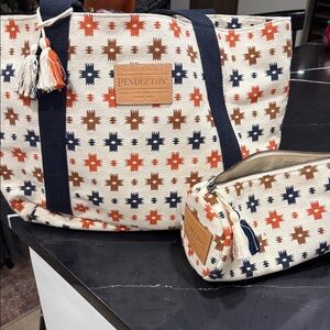 Pendleton Star Pattern Tote and Pouch - Cream, Navy, Orange, Brown